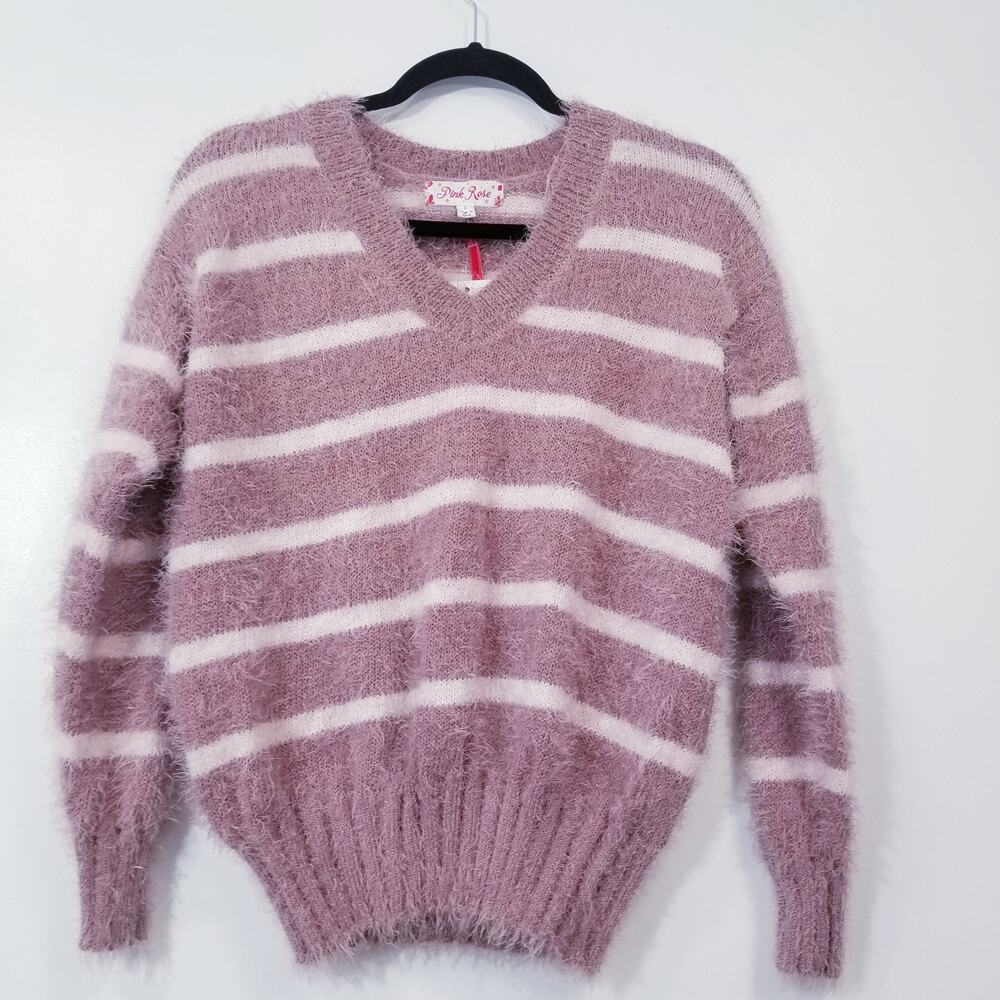 Pink Rose Pullover Stripes Eyelash Knit Sweater Long Sleeves